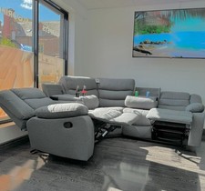 Milano Grey Fabric Manual Corner Recliner Sofas + Cupholders