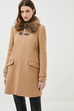 Stylish new  Karen Millen wool blend faux fur collar camel zip up coat,6-8,£185