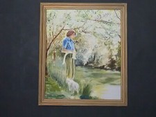 Impressionist Oil Painting, Boy Fishing, River, Scottish Terrier Dog, Original
