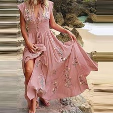 Womens Floral Boho Long Maxi Dress Ladies Summer V Neck Holiday Beach Sundress