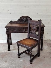 Antique Victorian Carved Oak Green Man Office Work Writing Desk & Chair