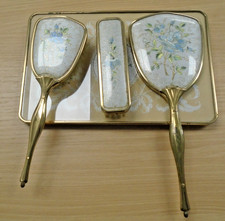 Vintage Ladies Floral Embroidered Vanity Set in Yellow Metal Art Deco