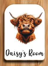 Personalised Highland Cow Shop Office Name Plate Door Plaque Children Kid Gift