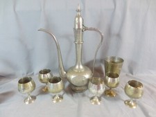 Vintage Metal Ewer 6 Goblets Made In India