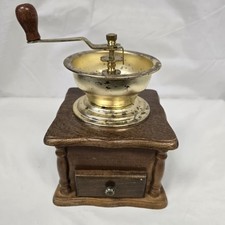 Vintage Coffee Grinder Brass Wood Hand Crank With Drawer (NTH)