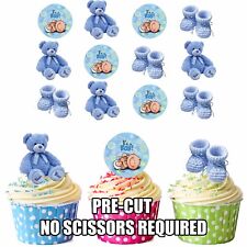 PRECUT Blue Baby Boy Edible Cupcake Toppers Baby Shower Christening Pack of 12