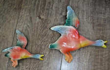 Set Of 2 Flying Ducks Plaster Wall Hanging Plaques ~ Kitsch Birds 1950's Retro