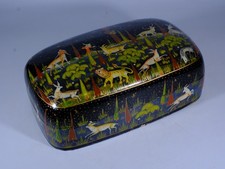 Vintage Russian Lacquer Domed Trinket Box Hunting Scene Hand Painted