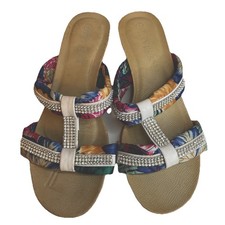 Ladies Pavers Sandals Size 6 Embellished Blue White Summer Holiday Wedge EU39