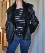 Mac And Zac London Women's Black Leather Sheepskin Aviator Jacket Size UK 8