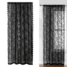 Black Lace Floral Net Window Curtains Voile Curtain Panel for Kitchen Hotel Home