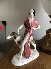 Art Deco Hertwig & Co Katzhutte Lady With Borzoi Dog  C1930