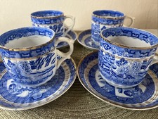 Antique Blue Willow Cups & Saucers – Set of 4 Gilt Rim Porcelain Tea Coffee