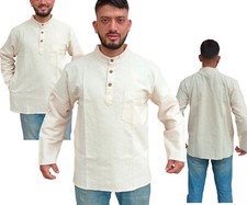 Linen Flax Grandad Full Half Sleeve Kurta Shirt, 3 Flat Button Men's  Collarless