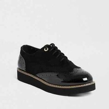 Womens/Girls Light Weight Black Patent Creepers Shoes Brogue Smart Faux Leather 