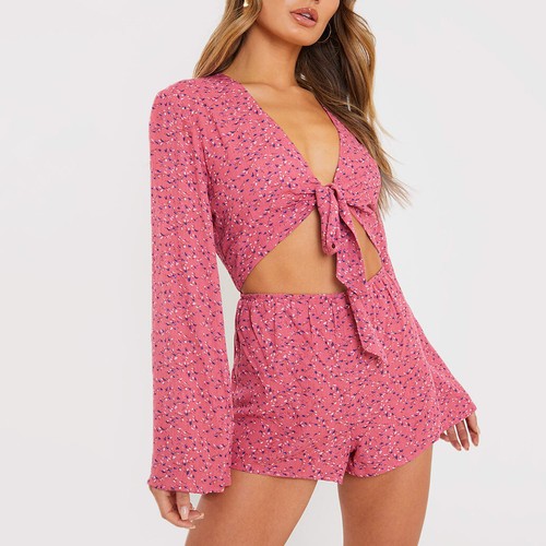 Womens pink floral tie front - pink,