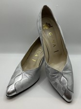 Vintage 1980s Gina Leather Court Shoes Heels UK 5 Silver 