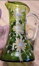 BOHEMIAN MOSER STYLE GILDED HAND PAINTED GREEN FLORAL ART GLASS JUG