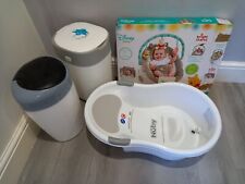 Disney Winnie The Pooh bouncer, Nuby baby bath, 2 Tommee Tippee nappy bin bundle