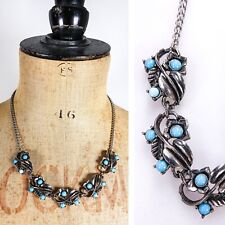 Vtg 1950s Blue Floral Spray Metal Collar Necklace Coro/Jewelcraft Style Retro
