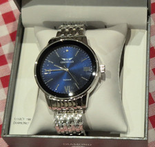 Gianello Mens Genuine Diamond Dial Round Case Blue Stainless Steel Link Watch 