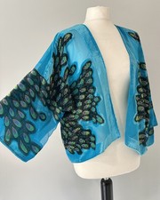 Dreamkeeper Blue Green Velvet Bead Peacock Devore Feather Crop Kimono Jacket