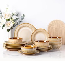 Ceramic Dinnerware Sets for 6,Handcraft Embossed Stoneware Plates and Bowls Sets