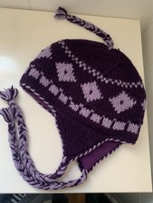 Nepal Wool Hand Made Trapper Knit Sherpa Hat Fleece Lined Tassel Purple