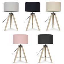 Light Wood Tripod Table Lamp Base Fabric Lampshade Living Room Bedside Lighting