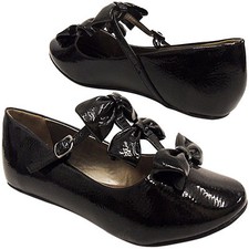 NEW FLAT DOLLY GIRLS LADIES SHOES 3-BOW T-BAR SHINY WORK SCHOOL PUMP BLACK SIZE