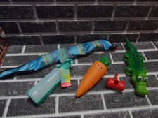 Bundle of Dog Toys Squeaky Crocodile Carrot Snake Water Bottle Bag Carry New