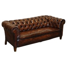 ANTIQUE SWEDISH CHESTERFIELD HAND DYED LEATHER FULLY COIL SPRUNG THREE SEAT SOFA