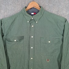 Vintage Tommy Hilfiger Shirt Mens XL Green White Gingham Crest Logo Casual Top