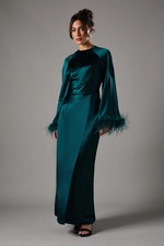 Coast Womens Maxi Dress Green Satin Feather Trim Formal Long Sleeve