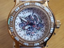 Mens XXL Marc Ecko Tattoo 'The Flyaway' White Leather Rose-Gold Gem Set Watch