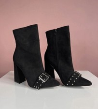Boohoo Black Suedette Block Heel Ankle Boots with Studded Buckle – UK 7 - New
