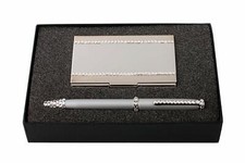 Silver Metal Card Holder and Pen Set with Swarovski Crystal Decoration