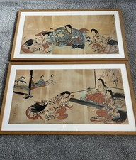 2x Original Antique Old  triptych woodblock print art