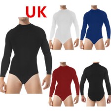 UK Mens Bodysuit Solid Mock Neck Leotard Press Button Leotard T-Shirts Training