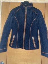 H&M Ladies Navy Fitted Quilted Stylish Jacket Pockets Brown Trim Size S 10 VGC