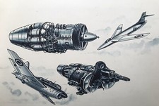 Original Art Painting Picture 4 Jet Engines Planes Book Illustration 10 Inch Air