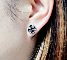 925 Silver Vintage Black and Silver Cross Stud Earrings Men Women 9mm Studs *UK*