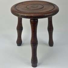 Antique Small Wooden Stool with Round Seat and Three Finely Turned Legs