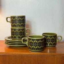 Hornsea Heirloom Cups & Saucers, Green, Olive, Geometric, Mid Century Modern
