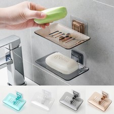 Single Soap Holder Wall-Mounted Rack Layer Soap Dish Drain Suction Bathroom UK