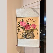 Hand-painted Chinese Peony & Birds Scroll | 50x80cm | Ink & Watercolour Wall Art