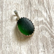 Green English Sea Glass Handmade Pendant  Sterling Silver