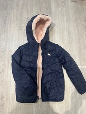 Abercrombie Kids Puffer Jackets 7/8 Navy Blue Reversible Full Zip Hooded