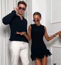 ZARA SS25 FRINGED CHECKERED KNIT DRESS L  NAVY BLUE | 4331/026/401 NWT