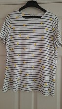 LADIES TOP WHITE NAVY STRIPE LEMONS SHORT SLEEVES SIZE 10 NEW STRETCHY LOOSE FIT